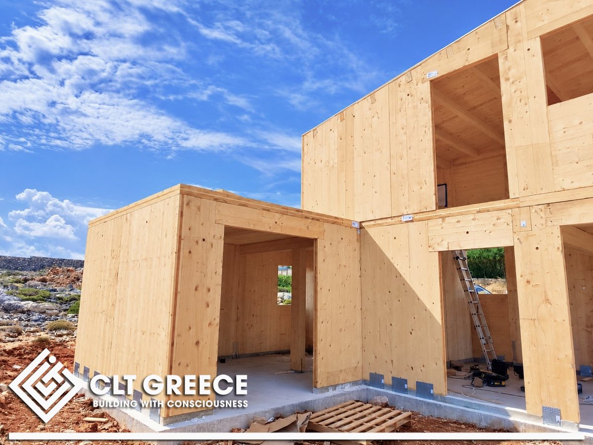 Corner of the completed CLT structure with its ground and upper-floor openings
