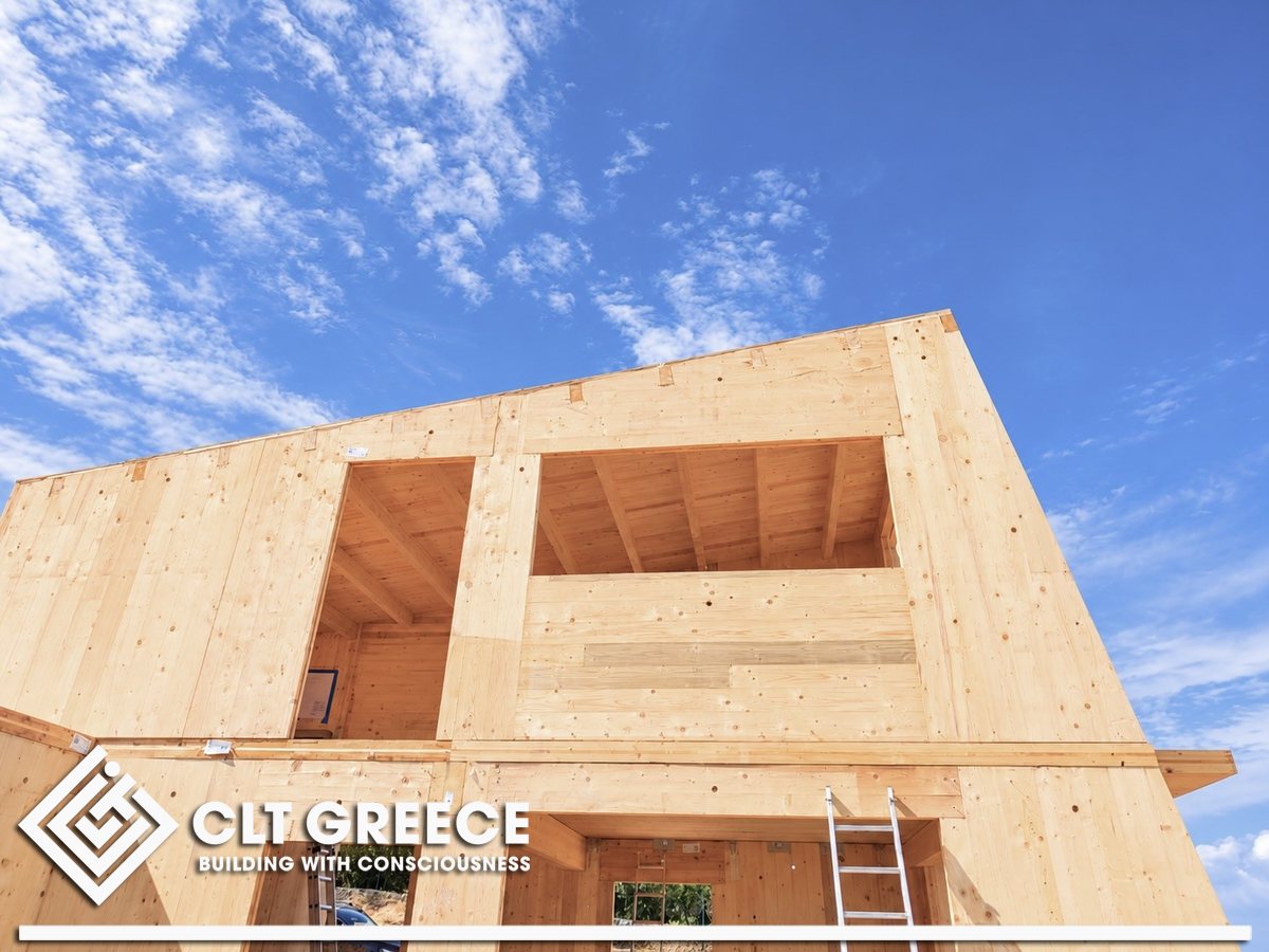 Facade of the two-storey CLT house in Chania, Crete