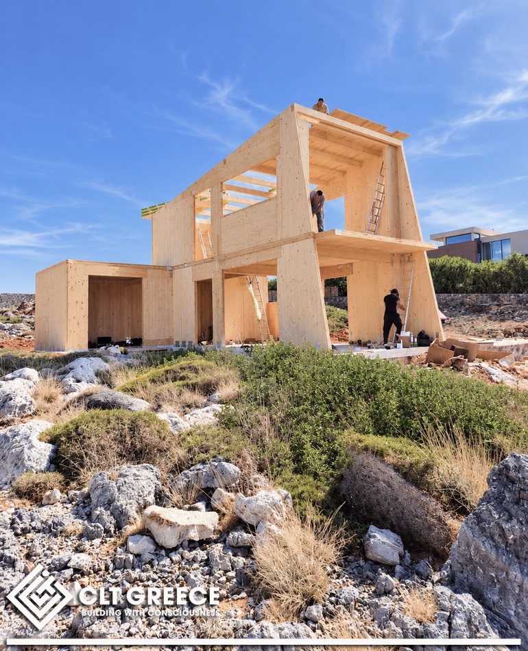 The CLT structure of the house in the rocky Cretan landscape