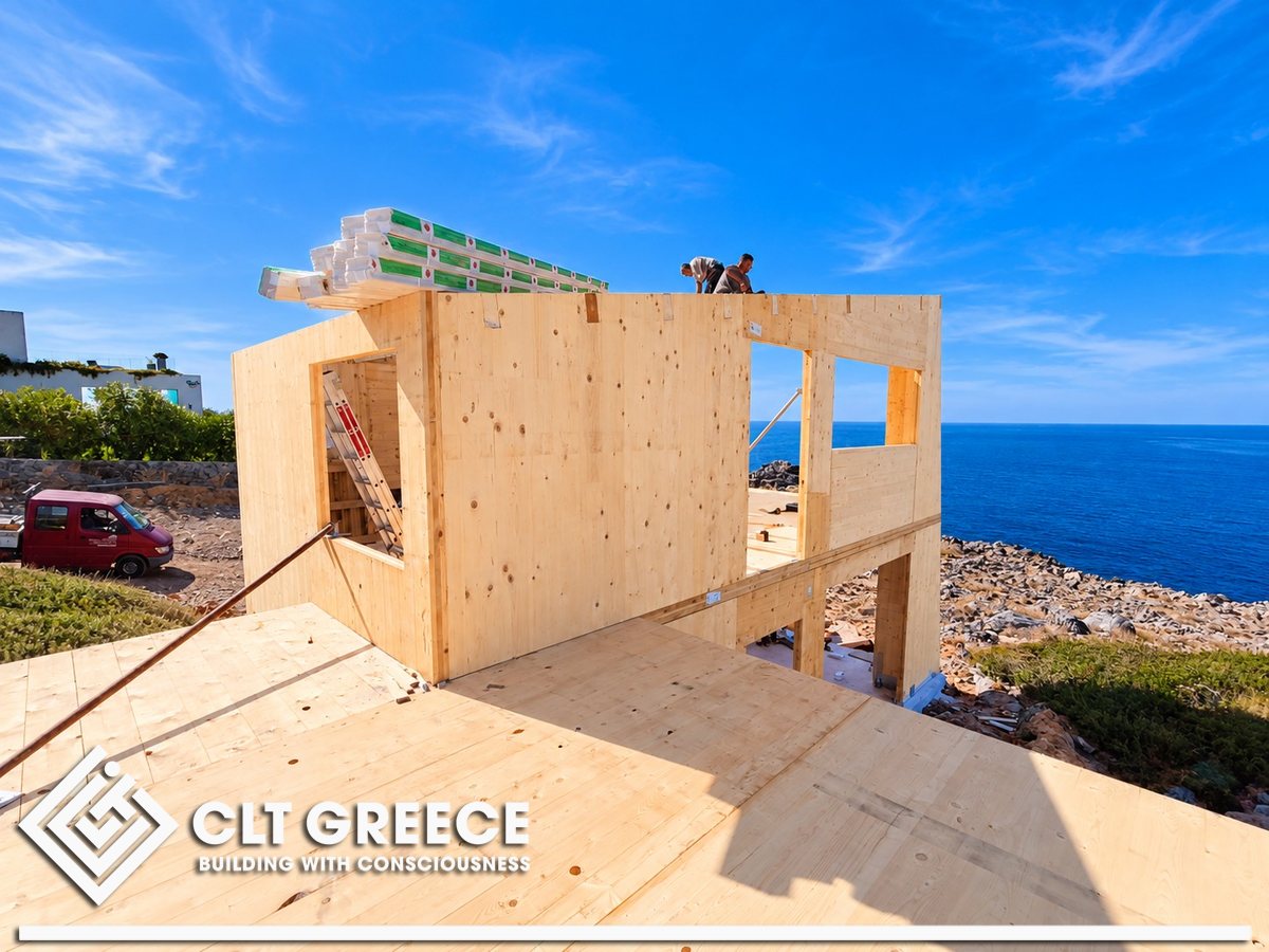 Assembling the upper floor of the CLT house by the sea
