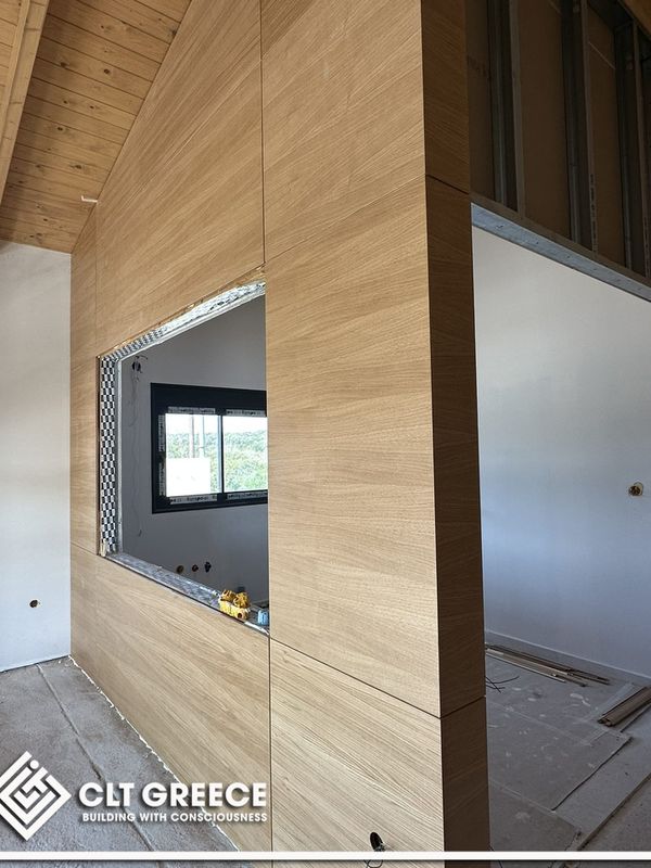 Inside the CLT house in Preveza with its exposed timber ceiling (10)