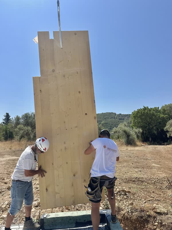 The team assembling the CLT panels in Vasiliki, Lefkada (1)
