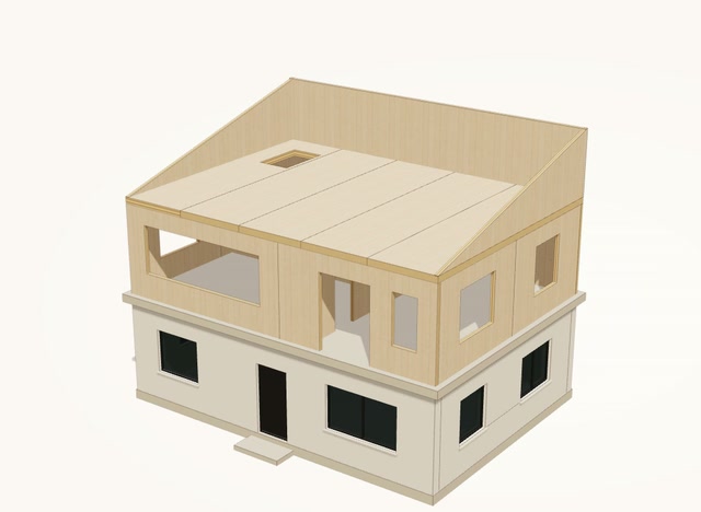 CLT gables and back wall forming the space under the sloping roof, with an access opening in the slab
