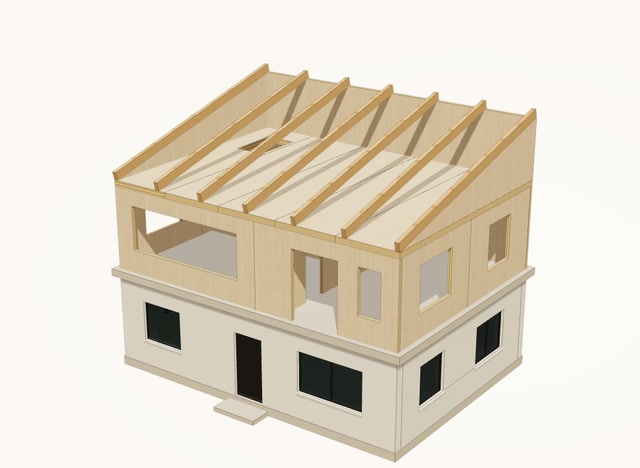 Exposed Glulam beams following the slope of the mono-pitch roof, on the CLT structure