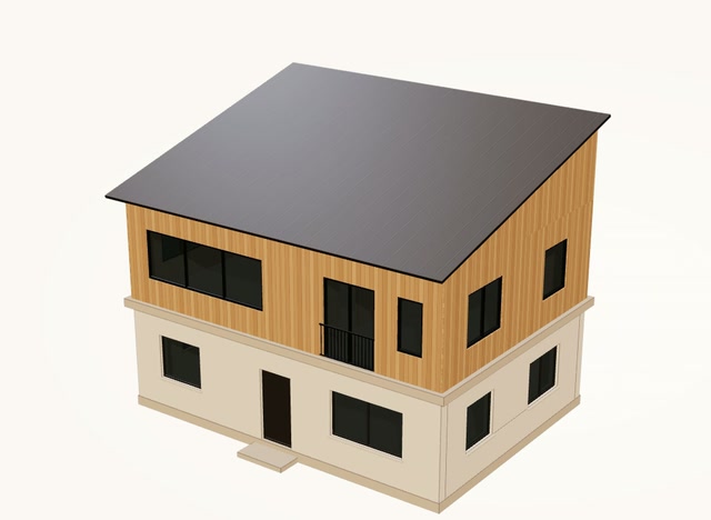 Completed CLT floor addition with timber cladding, black window frames and a metal roof covering